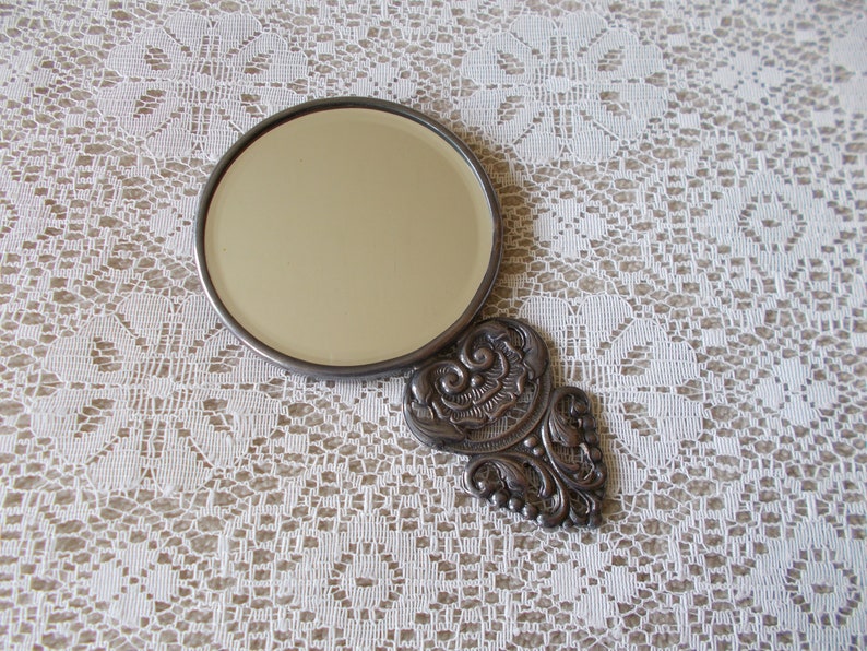 Antique Silver Plated Vanity Mirror Handheld Beveled Mirror Etsy