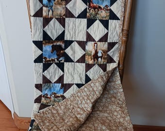 Handmade Baby Quilt: Wild Horses, Gold Brown Stars, Cotton Batting