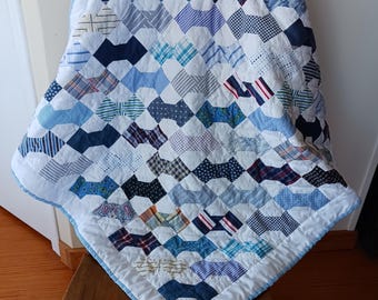 Baby Quilt Blanket Handmade Scrappy Bowtie Blue and White All Cotton Fabric Flannel Backing
