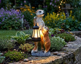 Solar Meerkat Garden Statue with Lantern Outdoor Resin Decor