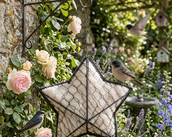 Soporte para material de anidación de pájaros, comedero colgante en forma de estrella, jaula recargable