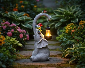 Solar Elephant Garden Statue with Lantern, Gnome Elephant Outdoor Light, Resin Yard Decor, Patio Garden Solar Lamp