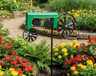Tractor Wind Spinner Garden Decor, Metal Farm Windmill Stake, Outdoor Yard Art, Kinetic Garden Sculpture