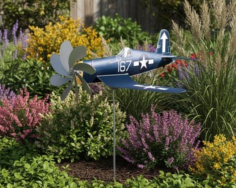 2D Airplane Wind Spinner Garden Decor, Metal Aircraft Windmill, Outdoor Kinetic Yard Art, Propeller Garden Spinner