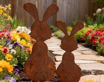Rustic Rabbit Garden Stakes Set of 2 Cast Iron Bunny Yard Decor