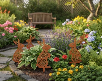 Estaca de jardín de metal con forma de conejo – Decoración rústica de conejito para el jardín – Adorno decorativo de Pascua para el jardín – Adorno para césped y macizos de flores al aire libre