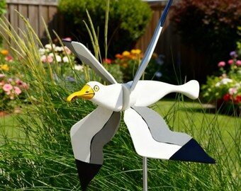 Dekoracja ogrodowa w kształcie wiatraka z mewą, sztuka ogrodowa w kształcie wiatraka z ptakami, dekoracja ogrodu plażowego, kinetyczna ozdoba trawnika