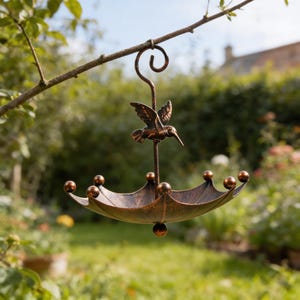 May include: A bronze-colored metal bird feeder shaped like an umbrella, suspended from a tree branch. The feeder features a hummingbird figure at the top and decorative spheres around the edge. The background shows a blurred garden scene.