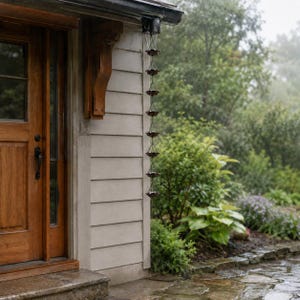 May include: A dark metal rain chain featuring a series of interconnected, bowl-shaped links suspended vertically from the edge of a roof. The chain hangs against the side of a light-coloured house exterior, positioned next to a wooden door frame.