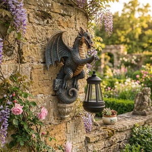 Puede incluir: Estatua de dragón detallada, montada en la pared, sosteniendo una linterna negra. El dragón es de color gris oscuro con detalles en bronce, montado en una pared de piedra con flores trepadoras y un jardín de fondo.