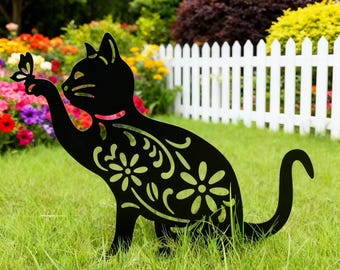 Metal Cat Garden Stake Outdoor Yard Decor Floral Silhouette Lawn Ornament