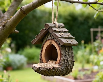 Comedero colgante de resina para pájaros – Comedero decorativo para pájaros de jardín – Adorno para alimentar pájaros al aire libre en patio, balcón y jardín.