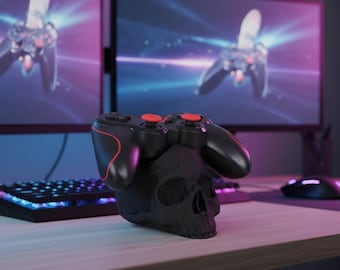 Dark Skull Controller Holder Stand, Gothic Gaming Desk Organizer, Horror Gamer Room Decor, Unique Gamepad Display Accessory