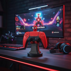 Pode incluir: Um suporte para controle de videogame vermelho e preto com tema do Homem-Aranha. O suporte contém um controle vermelho e apresenta uma figura do Homem-Aranha. Um monitor de computador e fones de ouvido estão no fundo.
