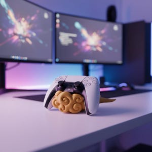 May include: A white and black PlayStation 5 controller resting on a yellow cloud-shaped stand. The controller is on a white desk with two computer monitors in the background.