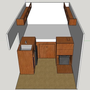 Könnte beinhalten: Eine architektonische Darstellung des Innenraums eines kleinen Wohnmobils. Das Design zeigt Holzschränke, darunter ein Waschbecken, Stauräume und einen Schrank mit einer Tür. Der Boden ist mit einem braunen Teppich bedeckt, und es gibt obere Staufächer.