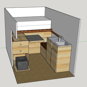 Puede incluir: Representación 3D del interior de una furgoneta camper compacta. El diseño incluye una cama, una pequeña zona de cocina con fregadero, armarios, una mesa plegable y un inodoro. La combinación de colores es principalmente madera clara y blanco.