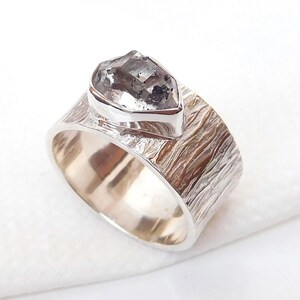 Raw Herkimer Diamond Ring Sterling Silver - Textured Wide Band Cigar Ring - Natural Quartz Bezel Ring for Men Women, Boho Statement Jewelry