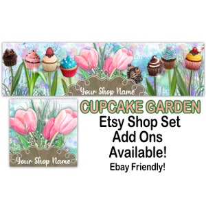 CUPCAKE GARDEN Zestaw gotowych banerów Etsy-Okładka sklepu Etsy-Baner na babeczki-Baner na tulipany,Babeczki,Deser Etsy,Baner na sklep spożywczy,Ogród,Sklep Ebay