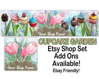 CUPCAKE GARDEN Premade Etsy Banner Set-Etsy Shop Cover-Cupcake Banner-Tulip Banner,Cupcakes,Dessert Etsy,Food Shop Banner,Garden,Ebay Store