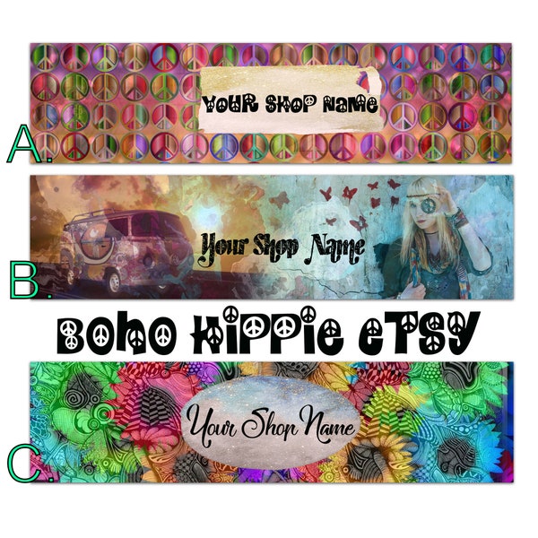BOHO HIPPIE ETSY Banners,60's Colorful Hippie Banners,Funky Boho,Retro Etsy Banners, Flowers Etsy,Peace Sign Etsy,Flower Child,Doodles Etsy