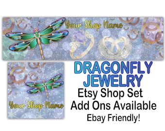 DRAGONFLY SIERADEN Premade Etsy Banner-Etsy Shop Cover-Sieraden Etsy-Fine Gold-Bokeh Styling, Blauwgroene Banner, Mystieke Banner, eBay-winkel