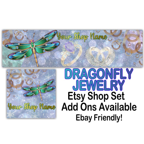 DRAGONFLY JEWELRY Premade Etsy Banner-Etsy Shop Cover-Jewelery Etsy-Fine Gold-Bokeh Styling,Blue Green Banner,Mystical Banner,Ebay Store