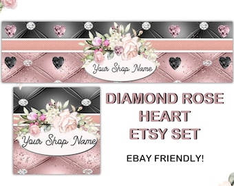 DIAMOND ROSE HEART Etsy Large Cover Banner Set/Jewelry Premade Etsy Banner/Diamond Gem Etsy Banner,Rose Gold,Black Diamond Gemstone,Ebay