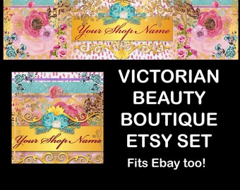 VICTORIAN BEAUTY BOUTIQUE Etsy Banner Set,Premade Elegant Etsy Banner,Etsy Vintage Floral,Flowers Etsy Banner,Elegant Etsy,Ebay,Pink Flower