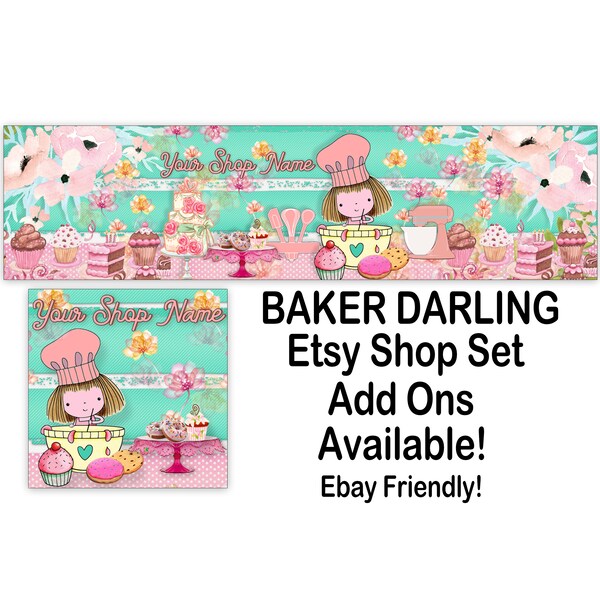 BAKER DARLING Premade Etsy Banner Set-Etsy Shop Cover-Baking Banner-Vintage Banner-Elegant Etsy-Pink Baker-Donuts,Cake Banner,Ebay Store