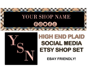 HIGH END PLAID Social Media Etsy Shop Banner Set/Rose Gold Premade Etsy Banner/Fashion Plaid Etsy Banner, Fashion Rose Gold, Influencer, Ebay