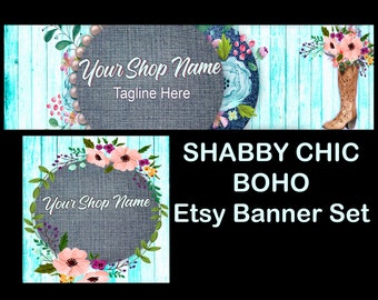 SHABBY CHIC BOHO Premade Etsy Banner-Etsy Shop Cover-Wood Turquoise Banner,Floral Chic Etsy,Jewelry Banner,Clothing Banner,Ebay Store Banner