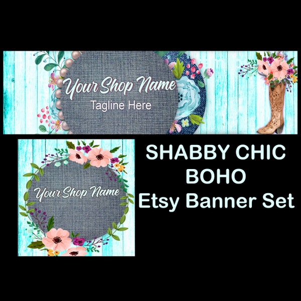 SHABBY CHIC BOHO Premade Etsy Banner-Etsy Shop Cover-Wood Turquoise Banner,Floral Chic Etsy,Jewelry Banner,Clothing Banner,Ebay Store Banner