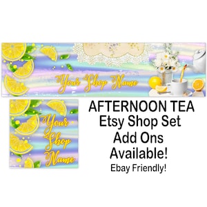 AFTERNOON TEA Vorgefertigte Etsy Banner-Etsy Shop Cover-Lemon Banner-Food Shop Banner-Teapot Etsy-Regenbogen Glitter, gelb, Bäckerei Shop, Schmuck, Ebay