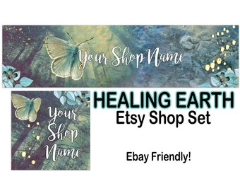 HEALING EARTH Etsy Banner Set-Etsy Shop Cover-New Age Banner-Elegant Etsy-Nature Banner,Leaves,Butterfly Banner,Forest Etsy,Chakra,Ebay