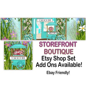 STOREFRONT BOUTIQUE Premade Etsy Banner-Etsy Shop Cover-Floral Etsy-Womens Shop-Elegant Etsy-Colorful Etsy Banner,Turquoise Cart-Ebay Store