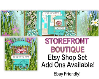 STOREFRONT BOUTIQUE Premade Etsy Banner-Etsy Shop Cover-Floral Etsy-Womens Shop-Elegant Etsy-Colorful Etsy Banner,Turquoise Cart-Ebay Store