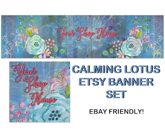 CALMING LOTUS Etsy Large Cover Banner Set/Blue Floral Premade Etsy Banner/Lotus Etsy Banner,Chakra Lotus,Natural Healing Banner,Reiki,Ebay