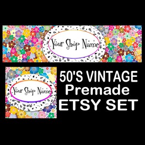 May include: A set of two Etsy shop banners with a 50's vintage floral design. The banners feature a white oval with black paisley accents and the text "Your Shop Name".