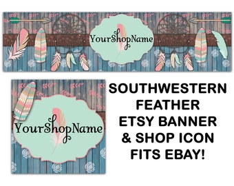 ZUIDWESTELIJKE VEER Etsy Large Cover Shop Banner Set, Premade Etsy Banner, Southwestern Wood Etsy Banner, Kleurrijke Feather, Floral Wood, Ebay