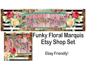 FUNKY BLOEMEN MARQUIS Premade Etsy Banner-Etsy Shop Cover-gestreepte Etsy-Vintage Banner-elegante Etsy-Marquis lettertype-zwart wit-bloemen Etsy