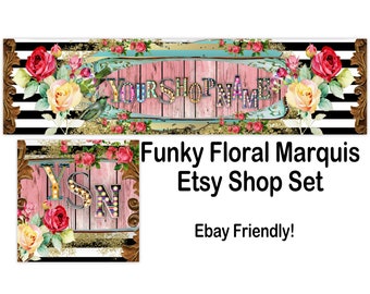 FUNKY FLORAL MARQUIS Premade Etsy Banner-Etsy Shop Cover-Striped Etsy-Vintage Banner-Elegant Etsy-Marquis Font-Black White-Floral Etsy