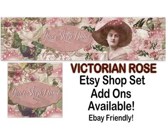 VICTORIAN ROSE Premade Etsy Banner Set-Etsy Shop Cover-Vintage Banner-Rose Banner-Elegant Etsy-Antiques Banner-Shabby Chic Banner,Ebay Store