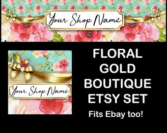 FLORAL GOLD BOUTIQUE Etsy Banner Set,Premade Jewelry Etsy Banner,Etsy Large Cover,Spring Etsy Banner,Elegant Etsy,Ebay,Pink Green