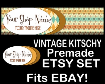 VINTAGE KITSCHY Etsy Banner Set,Premade Etsy Banner/Mid-Century Etsy Banner, Etsy Banner, Vintage 50&#39;s,Pattern Etsy,Ebay,Retro Colors
