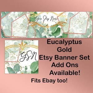 EUCALYPTUS ORO ELEGANTE Esty Banner Set, Banner de la tienda de bodas, Banner de la joyería, Estandarte de la naturaleza Etsy, Estandarte de eucalipto prefabricado,Oro,Rosa oro