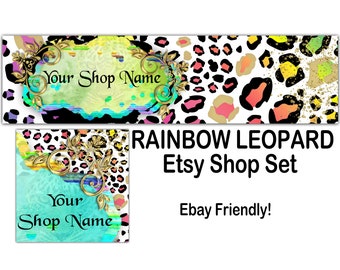 RAINBOW LEOPARD Premade Etsy Banner-Etsy Shop Cover-Leopard Etsy-Vintage Banner-Elegant Etsy-Gold Etsy Banner-Watercolor Styling,Ebay Store