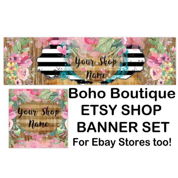 BOHO BOUTIQUE Floral Esty Banner Set,Shabby Chic Shop Banner,Funky Banner,Wood Etsy Banners,Black White Etsy,Wood Handmade,Womens Shop