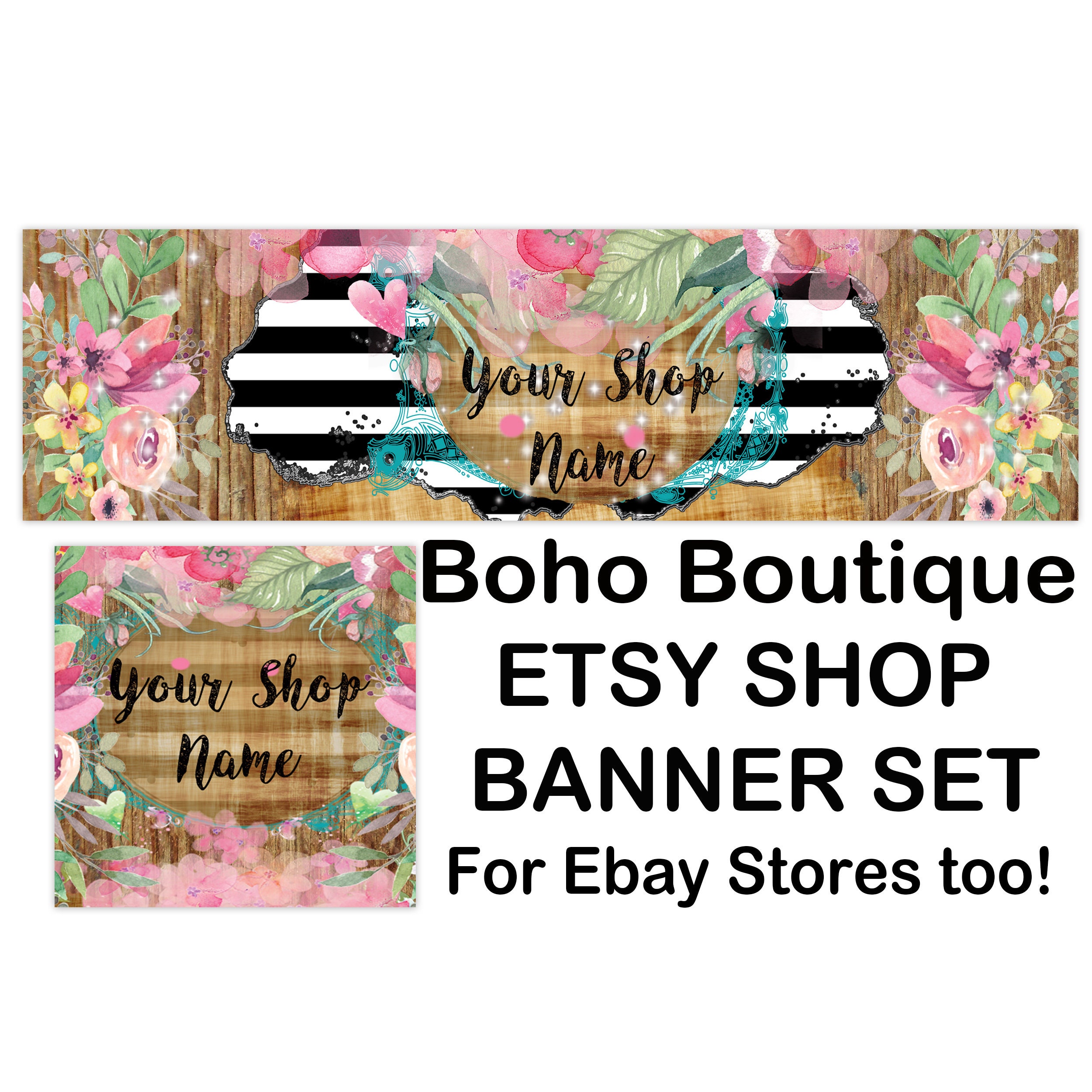 BOHO BOUTIQUE Floral Esty Banner Set,Shabby Chic Shop Banner,Funky Banner,Wood Etsy Banners,Black White Etsy,Wood Handmade,Womens Shop