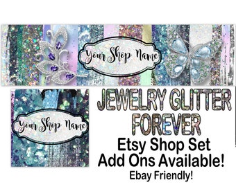 JEWELRY GLITTER FOREVER Premade Etsy Banner-Etsy Shop Cover-Jeweltones-Jewelry Banner-Elegant Etsy-Colorful Glitter,Vintage Jewelry,Ebay